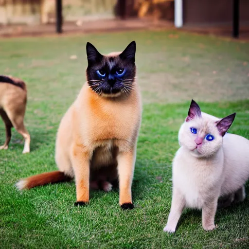 Prompt: professional photograph of a siamese cat looking at a dog