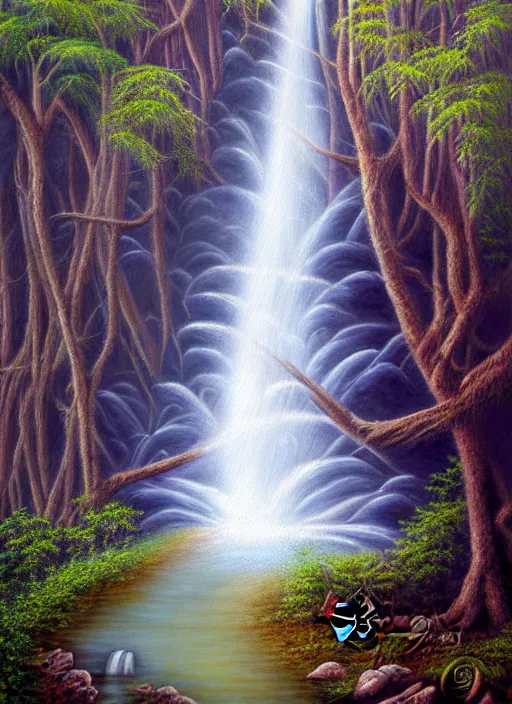 Image similar to a painting of a waterfall in a forest, an airbrush painting by terry redlin, deviantart, metaphysical painting, airbrush art, detailed painting, oil on canvas