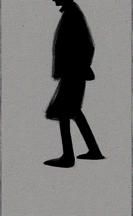 Prompt: symmetry!! black and white silhouette drawing of a single person walking, white background by stanhope forbes, stylistic, simple