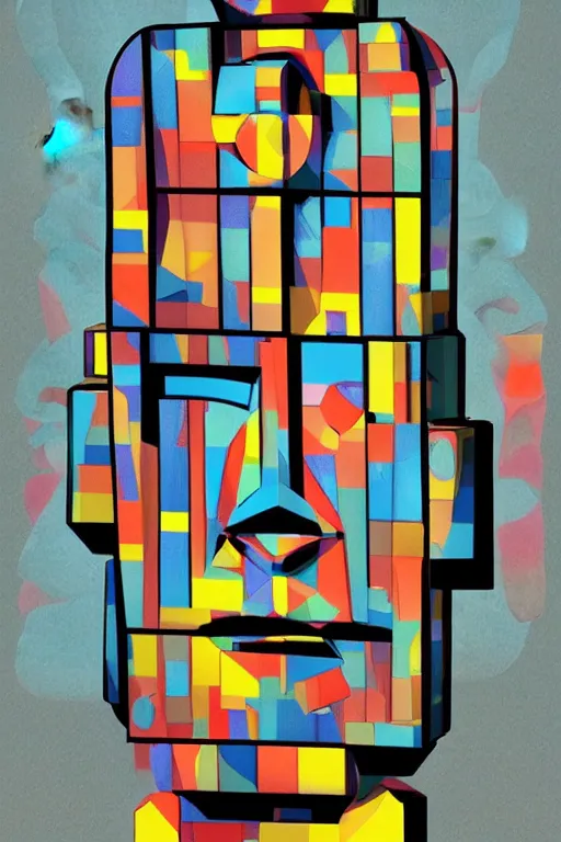 Image similar to cubist moai statue cutout digital illustration cartoon colorful beeple