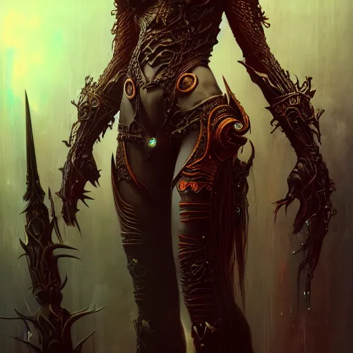 Image similar to a highly detailed long shot photo of chthonic warcraft female character by ayami kojima, beksinski, giger, intricate, digital painting, artstation, intricate, concept art, smooth, sharp focus, illustration