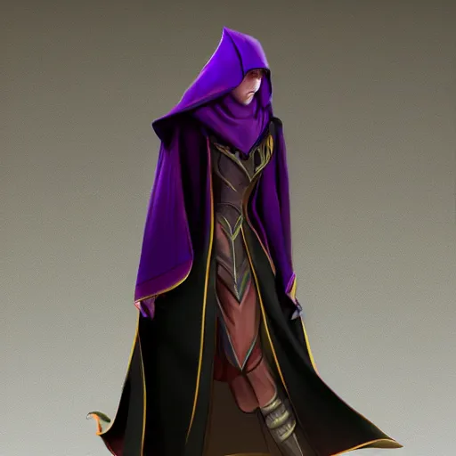 Image similar to female warlock long hood cloak purple, fighting monster with magic, 8 k, trending on artstation by tooth wu