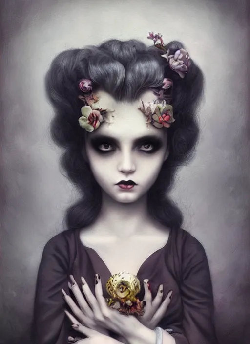 Image similar to pop surrealism, lowbrow art, realistic cute girl painting, japanese street fashion, hyper realism, muted colours, rococo, natalie shau, loreta lux, tom bagshaw, mark ryden, trevor brown style,