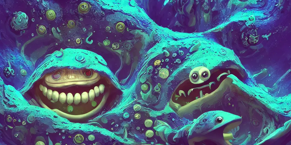 Image similar to of an intricate deep sea with strange cute friendly happy creatures with huge eyes, long tongue, round teeth and goofy funny face, appearing from the background, in the style of gehry and gaudi, macro lens, shallow depth of field, ultra detailed, digital painting, trending artstation, concept art, illustration, cinematic lighting, photorealism, epic, octane render