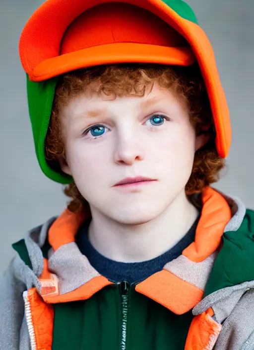 Image similar to portrait photo still of real life young kyle broflovski wearing an orange jacket and green hat, 8 k, 8 5 mm, f. 1 4