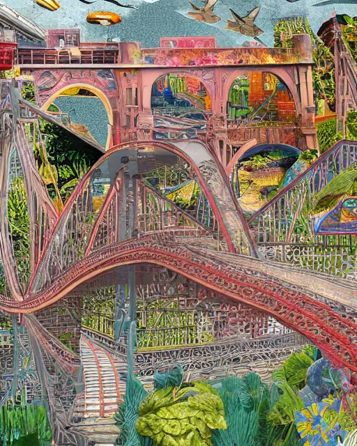 Prompt: detailed bridge with unexpected maximalist elements. 8x HD mixed media 3D collage in the style of an hyperdetailed childbook illustration in soft natural tones. matte background no frame HD