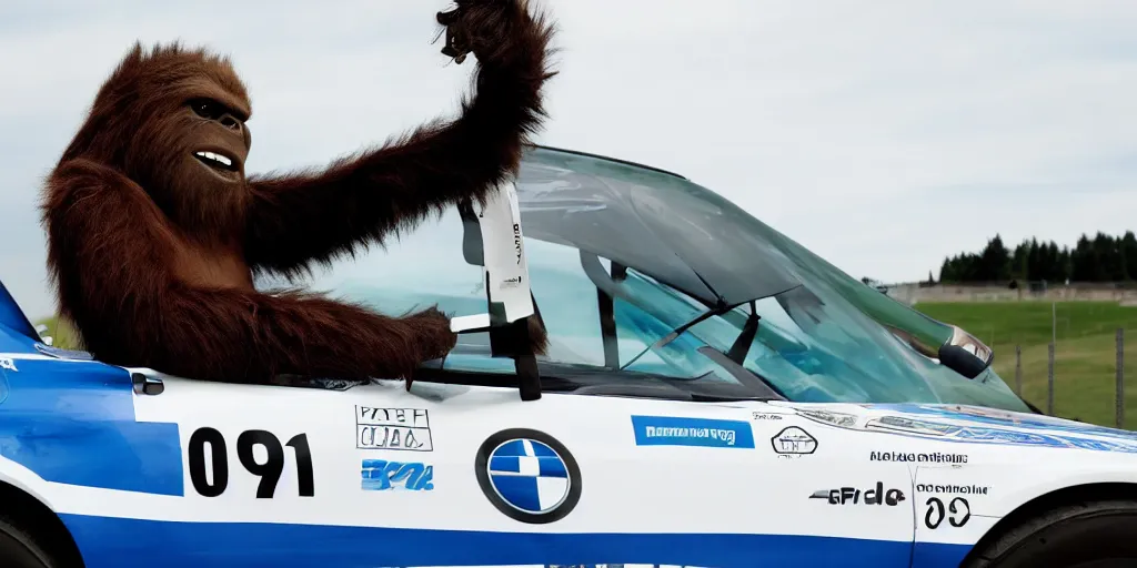 Image similar to sasquatch hanging out the window of a bmw race car