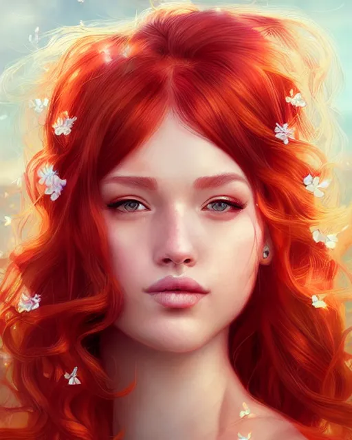 Prompt: red-haired summer beauty portrait, sunkissed skin, radiant light, flower couture, wlop and artgerm, warm glow, fantasy illustration