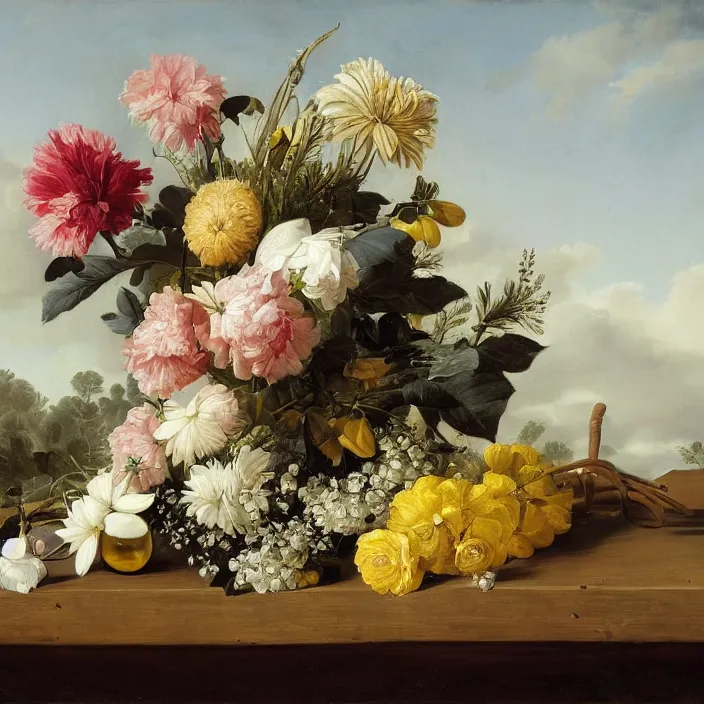 Image similar to still life painting of a beautiful bouquet of flowers by pieter claesz, palm trees in the background, oil on canvas, strong lighting, highly detailed, hyper realism, golden hour, god rays, hd, 4 k