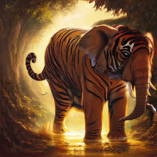 Image similar to tiger - elephant creature, oil painting by justin gerard