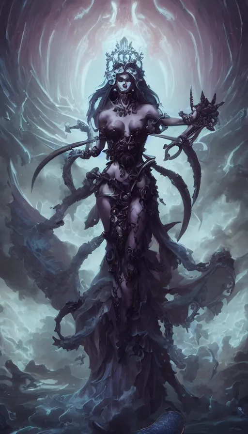 Prompt: goddess of death in the style of nekro, artgerm, wlop, halo, octane render, peter mohrbacher