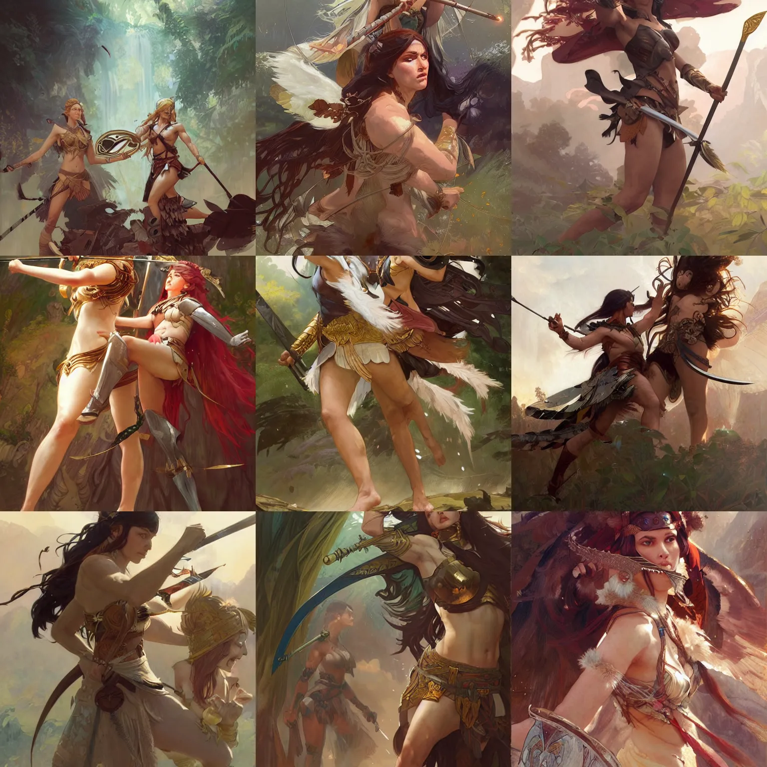 Prompt: Duel between an Amazon and a Valkyrie, fantasy, detailed, digital painting, artstation, pixiv, Krenz Cushart, Greg Rutkowski, Artgerm, Alphonse Mucha