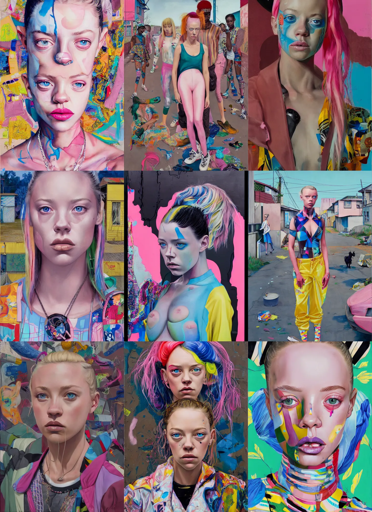 Prompt: still from music video of sydney sweeney from die antwoord standing in a township street, street fashion clothing,! haute couture!, full figure painting by martine johanna, njideka akunyili crosby, rossdraws, pastel color palette, 2 4 mm lens