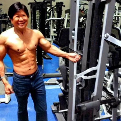 Image similar to bongbong marcos as gigachad flexing at the gym, muscular, on steroids,