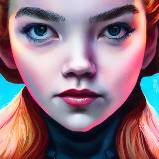 Image similar to a beautiful scenic painting of a beautiful young woman that looks like anya taylor - joy by artgerm and wlop and wes anderson and spike jonze