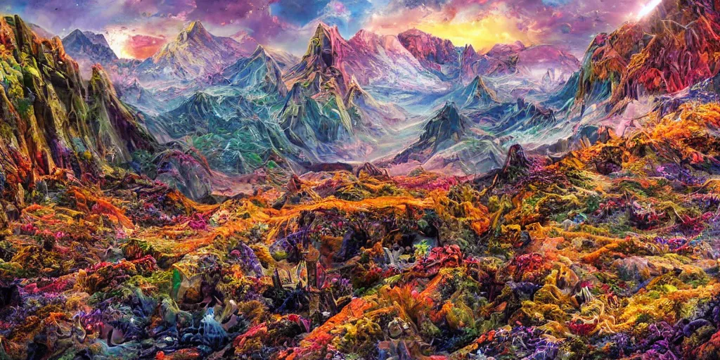 Prompt: Alien Mountain Landscape, Extraterrestrial Flora and Fauna roaming, Extraordinary Color,