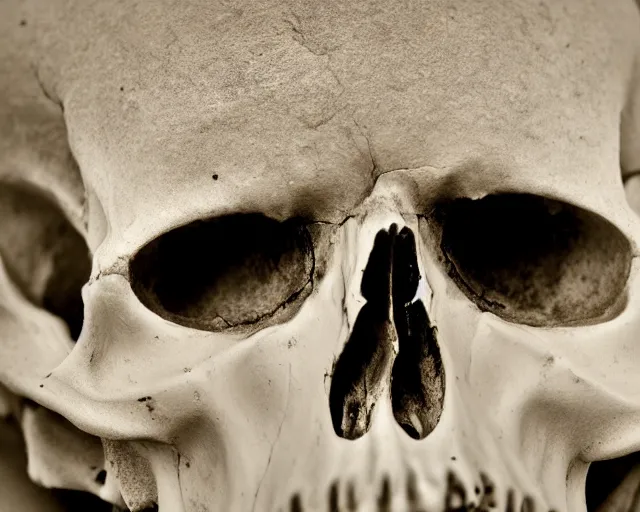 Prompt: An extreme close up photograph of a skull, dents, holes, macro photography, dof