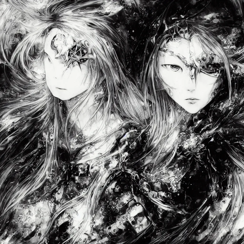 Image similar to Yoshitaka Amano blurred and dreamy illustration of an anime girl with pirate eye patch, wavy white hair and cracks on her face wearing Elden ring armour with the cape fluttering in the wind, abstract black and white patterns on the background, noisy film grain effect, highly detailed, Renaissance oil painting, weird portrait angle