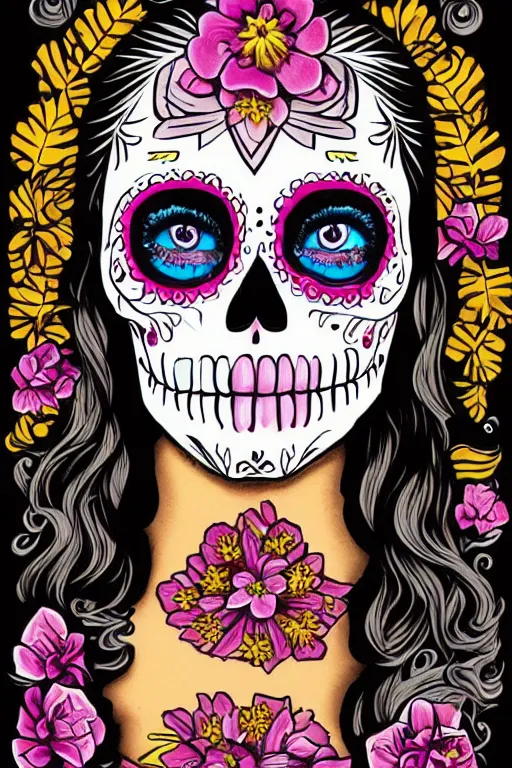 Image similar to illustration of a sugar skull day of the dead girl, art by paul booth