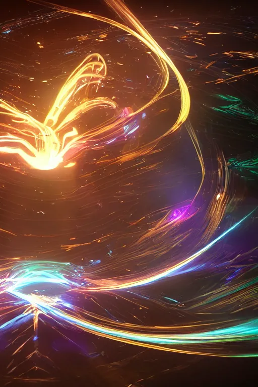 Image similar to swirling light streaks and ornate flowing light streams and smooth particle effects, unreal engine