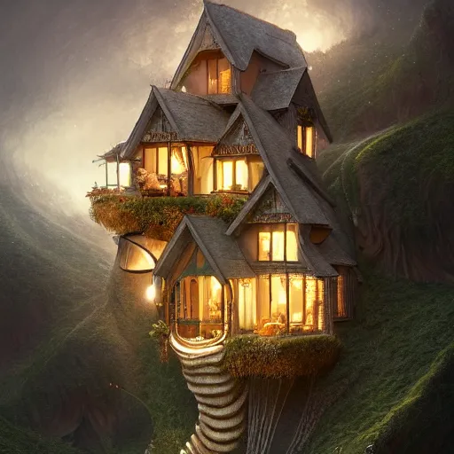 Image similar to ! dream small hillside house made of honey and milk, modern lighting, hyper - realistic, hyper - detailed, 8 k, octane rendered, art nouveau, organic, flowing, impossible torsion, writhing, dusk, lush, dynamic, in the style of ross tran and jean baptiste monge