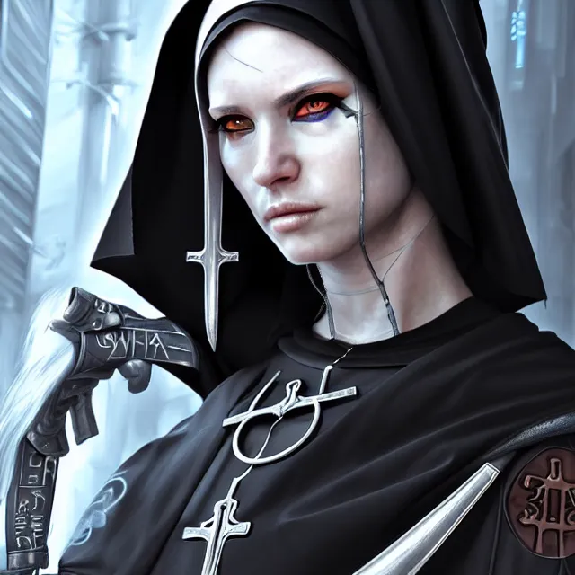 Image similar to cyberpunk nun warrior, highly detailed, 4 k, hdr, smooth, sharp focus, high resolution, award - winning photo, artgerm, photorealistic