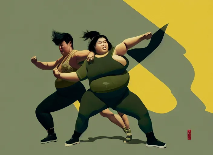 Image similar to duotone olive green gray illustration 3 / 4 portrait of fat woman fighting bruce lee style. dynamic chaotic composition random golden renaissance proportion. author sachin teng and sergei wheelsov and ruan jia and heng z. graffiti art, scifi, sci - fi, hyper detail. octane rendering. concept art. trend on artstation