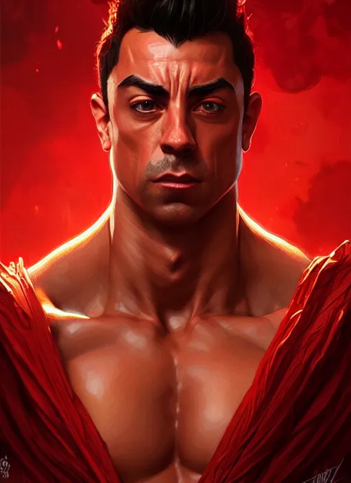 Image similar to portrait of aggressive xavi hernandez, d & d, muscular! red, fantasy, intricate, elegant, highly detailed, digital painting, artstation, concept art, smooth, sharp focus, illustration, art by artgerm and greg rutkowski and alphonse mucha