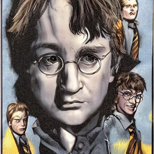 Prompt: in one frame Harry Potter with Sandman, symmetrical faces, beautiful faces, by Neil Gaiman, by Dave McKean, comics Sandman, small details, clear faces, high detail