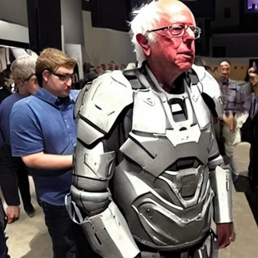 Prompt: bernie sanders in intimidating futuristic halo battle armor, bloom, stunning