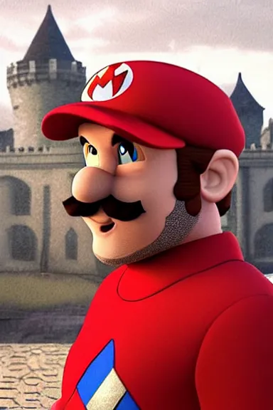 Image similar to “ very very intricate photorealistic photo of a realistic human version of super mario wearing his red cap in an episode of game of thrones, photo is in focus with detailed atmospheric lighting, award - winning details ”