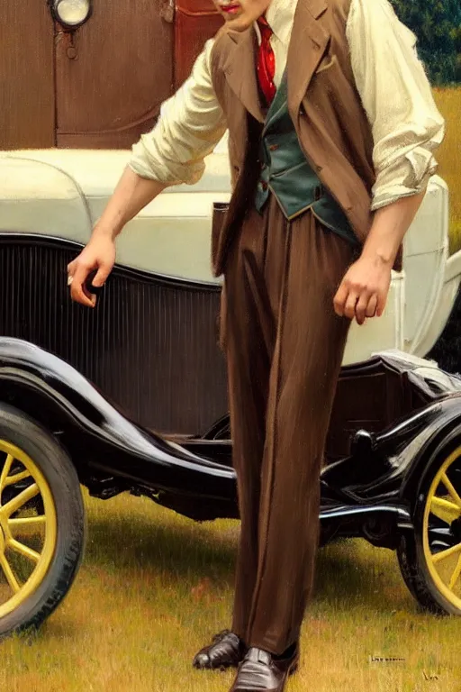 Image similar to attractive man standing in a 1 9 3 0 s suit near a ford model t, glossy oil painting by gaston bussiere, craig mullins, j. c. leyendecker, tom of finland