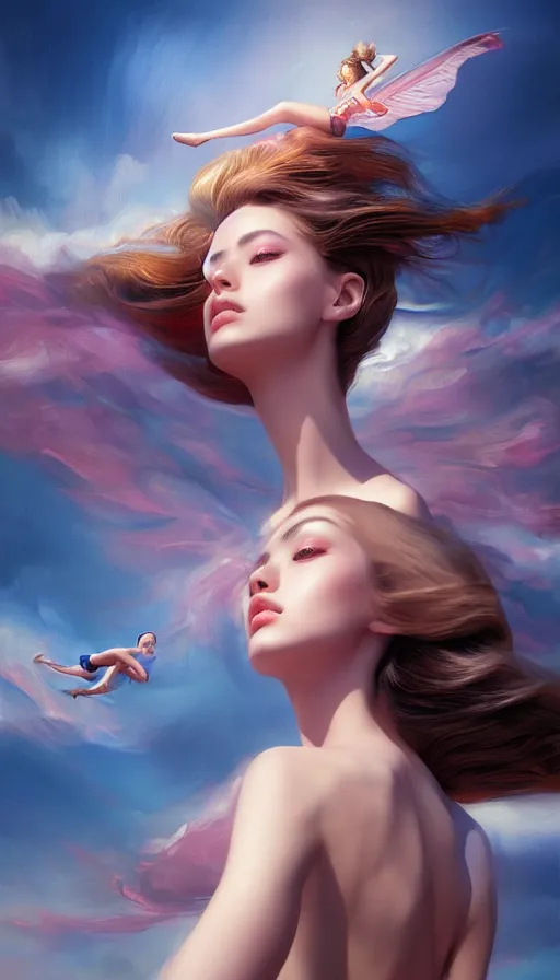 Image similar to photo of a gorgeous young girl flying, searching for eternity in the style of stefan kostic, realistic, sharp focus, 8k high definition, high fashion, vogue, insanely detailed, intricate, elegant, art by stanley lau and artgerm, sigma 85mm art