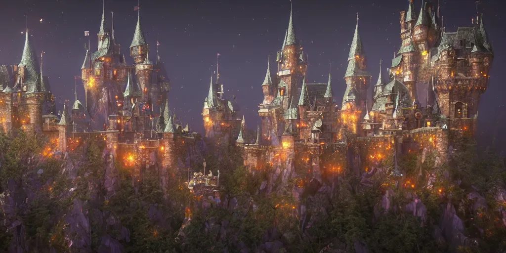 Image similar to a glittering fantasy castle at night, extremely detailed, Behrens style, unreal 5 render, fantasy digital art, octane render, beautiful composition, trending on artstation, award-winning photograph, masterpiece