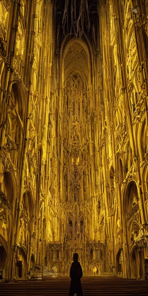 Image similar to a tall pale humanoid wearing a yellow garment sitting upon an ornate stone throne, 4K, digital art, horror, dramatic, wearing a long yellow rotting garment, dark, hyperrealistic, perspective, complex (((dark))) cathedral background with volumetric lights coming in through cathedral windows, dark background, highlights,