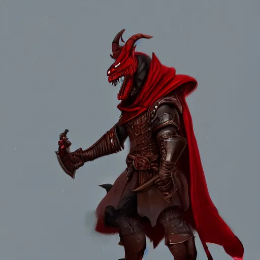 Prompt: A red D&D dragonborn wearing a hood and leather coat and holding a flintlock pistol. Profile view, Artstation