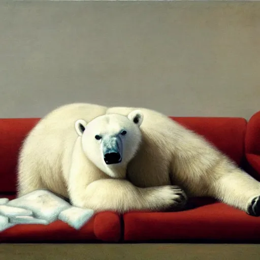 Image similar to polar bear sitting on a couch in the living room by george stubbs, artstation, oil on canvas