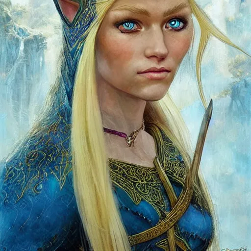 Prompt: a beautiful elven princess with a blond hair and blue eyes, fantasy character portrait by denis sarazhin