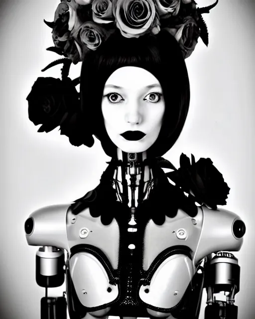 Image similar to dreamy surreal poetic black and white photo of a beautiful young bio-mechanical-female-cyborg-plastic-robot with a very long neck and a super big gothic lace collar and a very high big floral crown with many black dry roses by Vivienne Westwood:: smoke, high fashion, haute couture, rococo, avant-garde, elegant, dreamy, hyper realistic, 150 mm lens, soft rim light, octane render, unreal engine, picture was taken in 1910 by Dora Maar, volumetric lighting, dramatic light,8k,