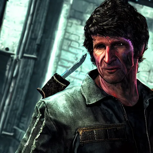 Prompt: todd howard with a switchblade in a alleyway, forcing you to buy skyrim, threatening, sharp, colorful, digital art, neon, bright, realism, bold