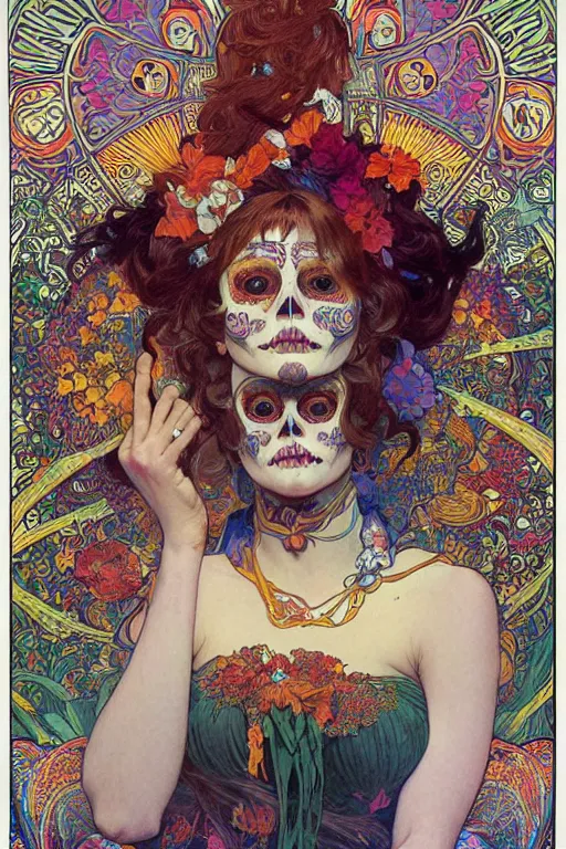 Image similar to realistic detailed psychedelic poster art of a cute Día de los Muertos girl by Victor Moscoso Rick Griffin Alphonse Mucha Ayami Kojima Amano Charlie Bowater, masterpiece