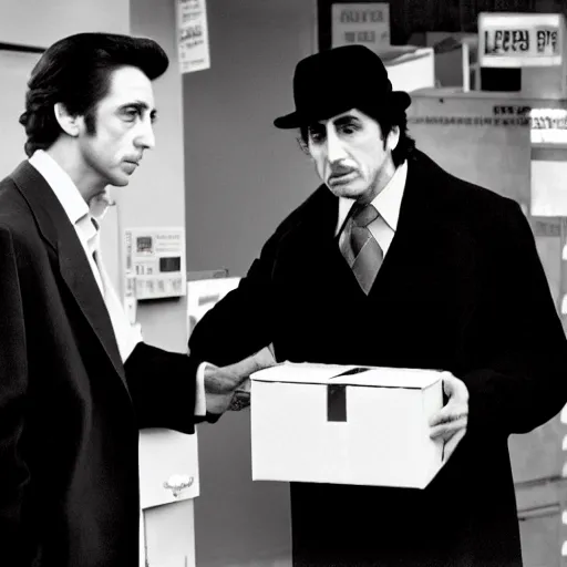 Prompt: Al Pacino, in his role as Michael Corleone, returns a parcel to the Post Office,