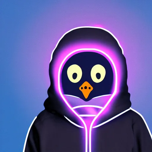 Image similar to penguin in hoodie, portrait, vaporwave, synthwave, neon, vector graphics, cinematic, volumetric lighting, f 8 aperture, cinematic eastman 5 3 8 4 film, photorealistic