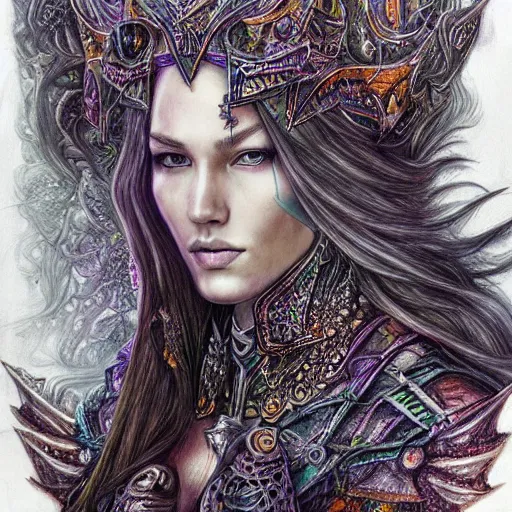 Image similar to hyper realistic pencil drawing of a eldritch queen, intricate detail, beautiful, battle armor, war, fight, light, dragon, colorful by anna dittmann-C 6