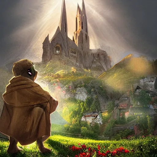 Image similar to my precious! - gollum / smeagol holds the ring high against the backdrop of a medieval village in switzerland, ornate, beautiful, atmosphere, vibe, flowers, concept art illustration, greg rutowski, volumetric lighting, sunbeams, particles