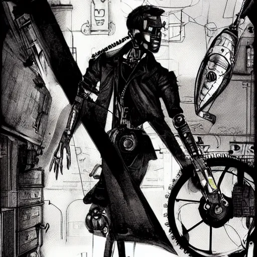 Image similar to cyborg male, slim, short hair, small scar on the chin, leather jacket with steampunk elements, one robotic arm and big shoes, book cover, deep shadows, by Dave McKean sketch lineart for character design