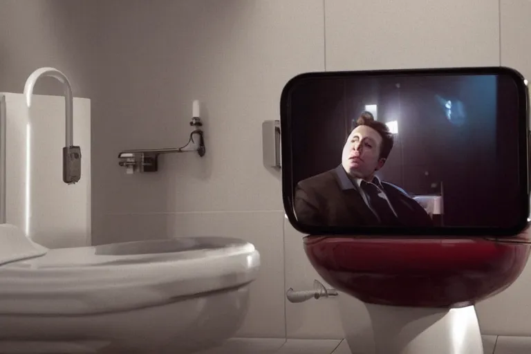 Image similar to hyperrealism aesthetic ridley scott and denis villeneuve style photography of a detailed hyperrealism elon musk, siting on a detailed hyperrealism toilet and scrolling his detailed smartphone in hyperrealism scene from detailed art house movie in style of alejandro jodorowsky and wes anderson volumetric ambient light