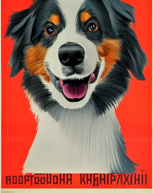 Image similar to soviet propaganda poster of an australian shepherd, soviet art