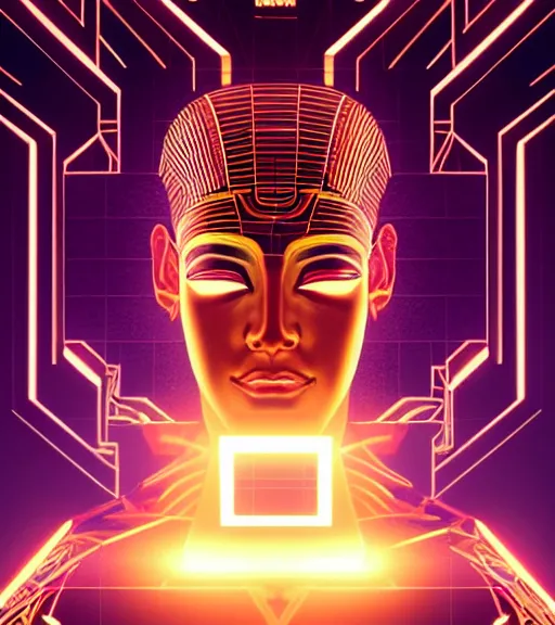 Image similar to symmetry!! egyptian god of technology, solid cube of light, hard edges, product render retro - futuristic poster scifi, lasers and neon circuits, brown skin handsome egyptian god, intricate, elegant, highly detailed, digital painting, artstation, concept art, smooth, sharp focus, illustration, dreamlike, art by artgerm