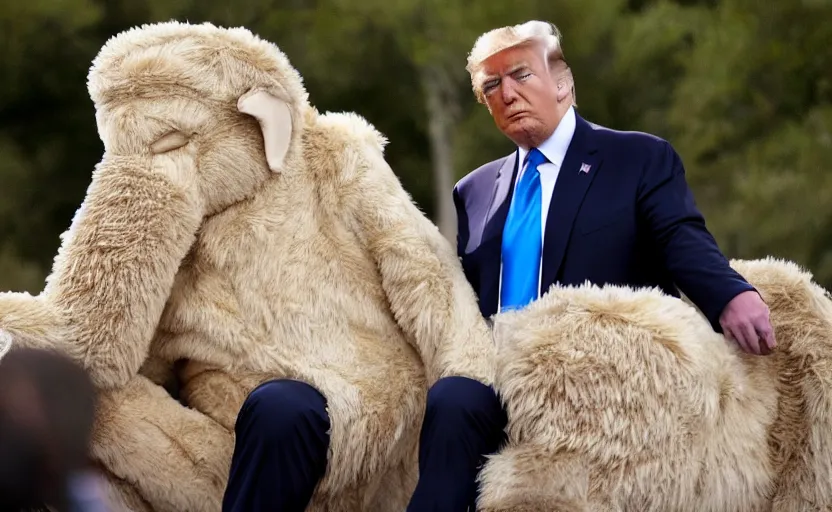 Image similar to Donald Trump in a baby mammoth costume , with an open face